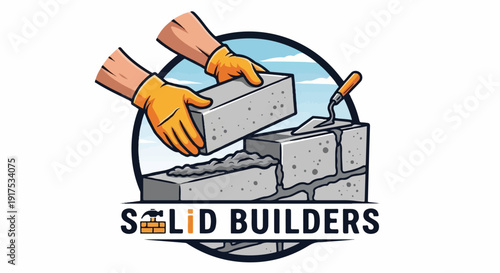 Hands in orange gloves placing a brick with a trowel on a construction site