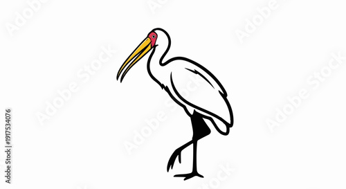 Minimalist white bird with long yellow beak and red facial mark