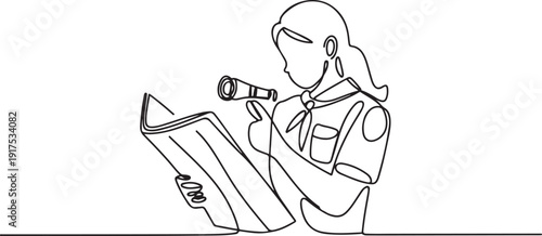 Continuous one line drawing girl in scout uniform with map and flashlight in hand. View and read the map carefully. Instruction. National Girl Scout Day. one line Icon drawing
