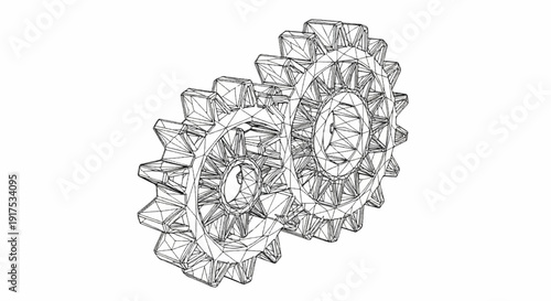 Interlocking gears, rendered as a wireframe sketch with a rough, textured outline