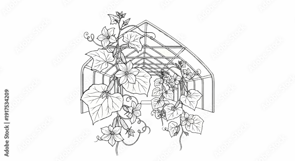 Obraz premium Greenhouse with climbing vines bearing flowers and young fruits