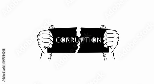 Hands tear paper with word corruption