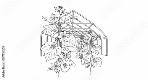 Greenhouse with climbing vines bearing flowers and young fruits
