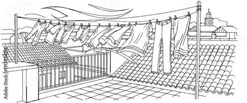 Laundry drying on clotheslines on a rooftop with tiled roofs and buildings
