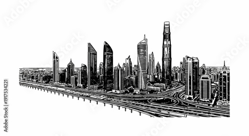 Modern city skyline with elevated highways and diverse high-rise architecture