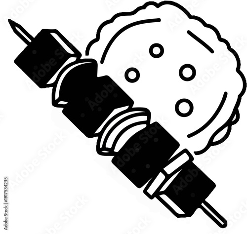 Grilled skewers and a round, studded food item