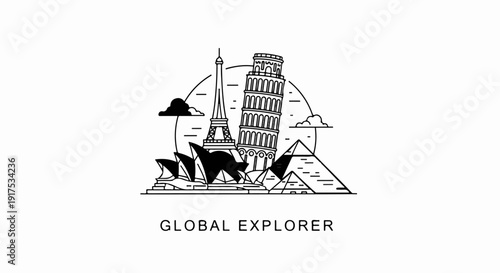 Line art collage of iconic world landmarks