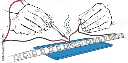 Hands soldering wires onto a light strip with a soldering iron