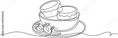 Continuous one line drawing 2 pieces of cheese souffle in a bowl on a plate with sliced ​​strawberries. Enjoying togetherness. National Cheese Souffle Day. one line Icon drawing
