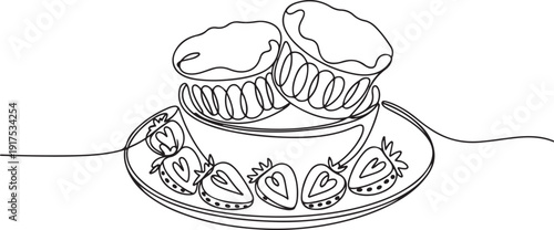 Continuous one line drawing 2 pieces of cheese souffle in a bowl on a plate with sliced ​​strawberries. Enjoying togetherness. National Cheese Souffle Day. one line Icon drawing