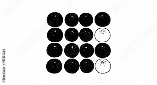 Grid of 16 round objects, 14 black, 2 white, resembling fruit