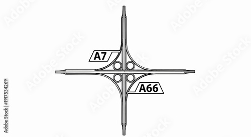 Line art depiction of a four-way highway interchange with road signs