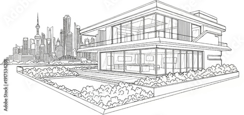Modern glass building with a cityscape and garden in a sketch style