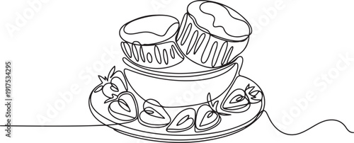 Continuous one line drawing 2 pieces of cheese souffle in a bowl on a plate with sliced ​​strawberries. Enjoying togetherness. National Cheese Souffle Day. one line Icon drawing