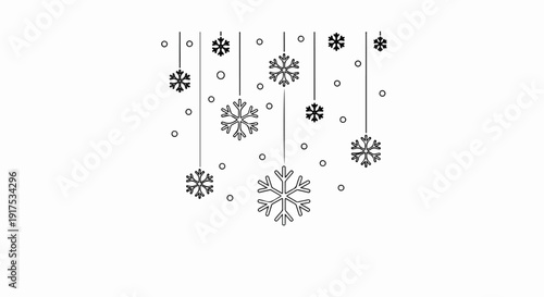 Hanging snowflakes and small circles against a white background