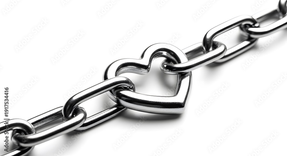 Fototapeta premium A close-up view of a silver chain with a heart-shaped link on a white background
