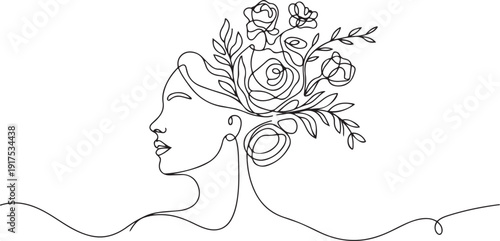 One continuous line drawing minimalist beauty nature cosmetic hairstyle. Flower bouquet in woman head abstract face concept. Wall decor print. one line Icon drawing