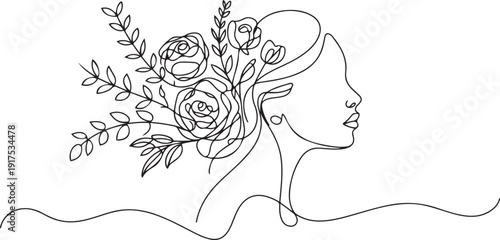 One continuous line drawing minimalist beauty nature cosmetic hairstyle. Flower bouquet in woman head abstract face concept. Wall decor print. one line Icon drawing