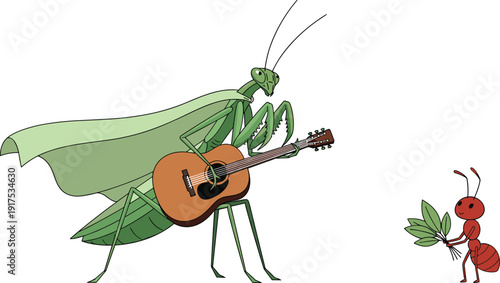 Cartoon illustration of green praying mantis with guitar and red ant holding leaves, whimsical insect character design for storytelling