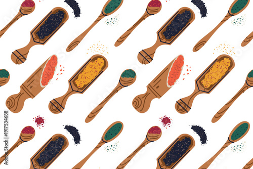 Spice pattern with wooden spoons filled with different seasonings and powders. Flat cartoon vector illustration about cooking ingredients, home kitchen routine and culinary preparation, warm mood