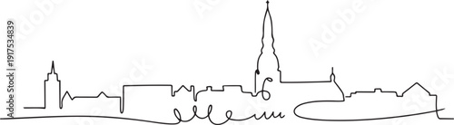 Single continuous line drawing of Riga city skyline, Latvia. Famous city scraper and landscape. World travel concept poster print art home wall decor. one line Icon drawing