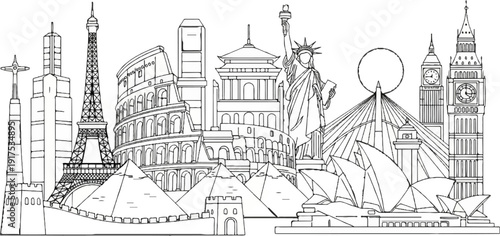 Line art collage of famous world landmarks and ancient structures
