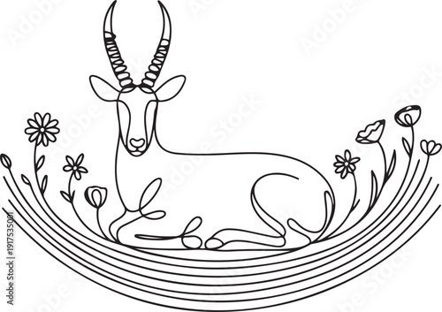 Continuous line drawing of elegant antelope with tall horns lounging on a rainbow arc decorated with blooming meadow flowers. Nature concept. one line Icon drawing