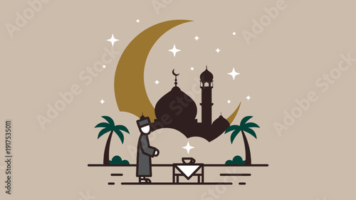 Islamic Ramadan Night Illustration with Crescent Moon and Mosque Silhouette