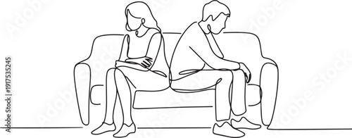 Single one line drawing sad unhappy husband and wife sitting on couch and keeping silence after quarrel at home. Problems in communication and fight. one line Icon drawing