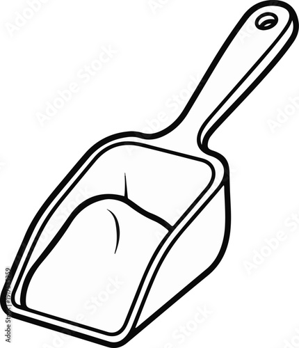 Line art drawing of a scoop with a handle and a hole