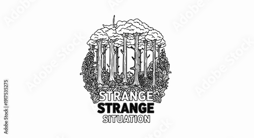 Intricate black and white illustration of a dense, surreal forest scene with text