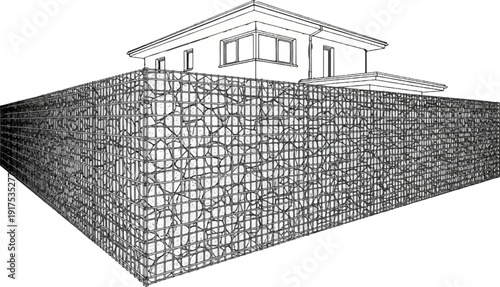 Modern house with gabion wall enclosure