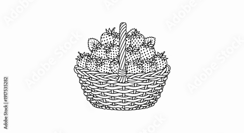 Line art drawing of a woven basket overflowing with fresh strawberries