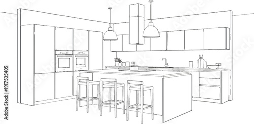 Modern kitchen illustration with island, bar stools, ovens, and sink