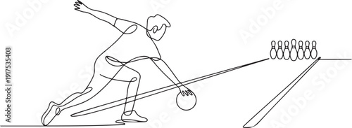One continuous line drawing of young happy bowling player man throw ball into lane to hit the pin. Healthy sport and lifestyle activity concept. one line Icon drawing