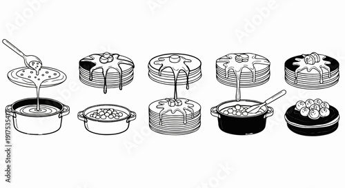 Line art illustrations of pancakes, fruit, and cooking pots with syrup