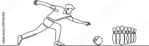 One continuous line drawing of young happy bowling player man throw ball into lane to hit the pin. Healthy sport and lifestyle activity concept. one line Icon drawing
