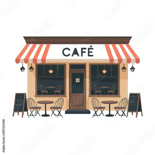 Cozy cafe exterior with red and white striped awning and outdoor seating area