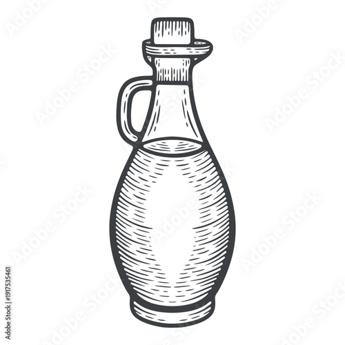 Olive or sunflower seed oil in a glass bottle, with handle and a cork, engraving isolated