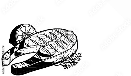 Line art of a grilled salmon steak with lemon slice and dill