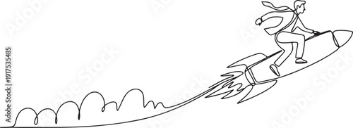 Single continuous line drawing businessman riding magic carpet rocket flying in the sky. Startup business acceleration concept. one line Icon drawing