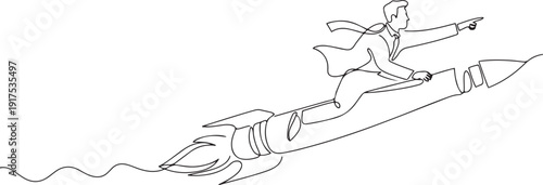 Single continuous line drawing businessman riding magic carpet rocket flying in the sky. Startup business acceleration concept. one line Icon drawing
