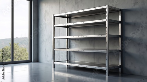 A sleek, empty metal shelving unit stands against a textured concrete wall in a minimalist interior. 