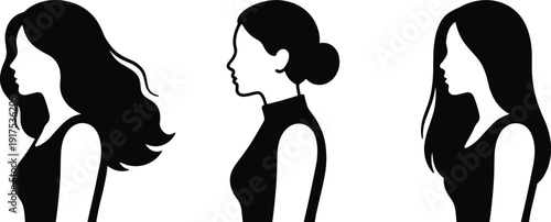 Female Profile Silhouette Set, Black and White Women Side View Portrait Collection with Long Hair and Bun Hairstyle Vector Illustration