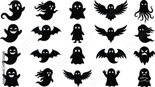 Halloween Ghost Silhouette Collection, Cute and Spooky Cartoon Spirit Characters with Bats and Wings Black and White Vector Set