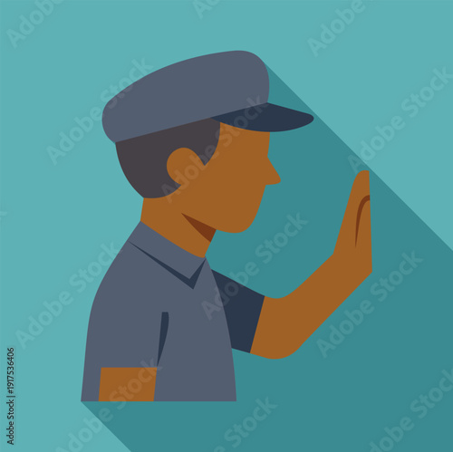 Security guard wearing a uniform raising an open hand signaling to stop