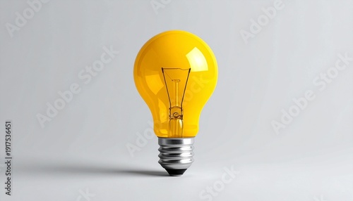 Single yellow incandescent light bulb standing upright, visible filament inside, plain light gray background, minimalist composition with vibrant yellow color contrasting neutral backdrop, symbolic re