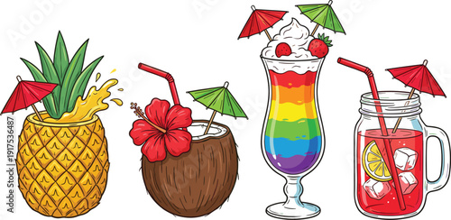 Tropical Summer Cocktail Collection Illustration, Colorful Pineapple, Coconut, Rainbow Parfait and Lemon Drink Vector Set for Beach Party Design