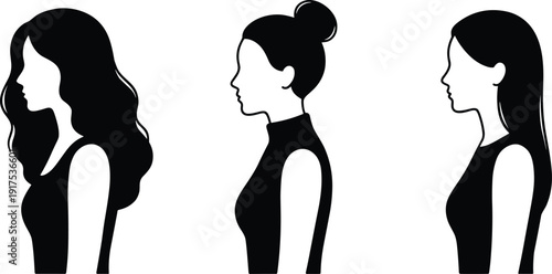 Women Profile Silhouette Collection, Black and White Female Side View Portrait Set with Different Hairstyles for Beauty and Fashion Design