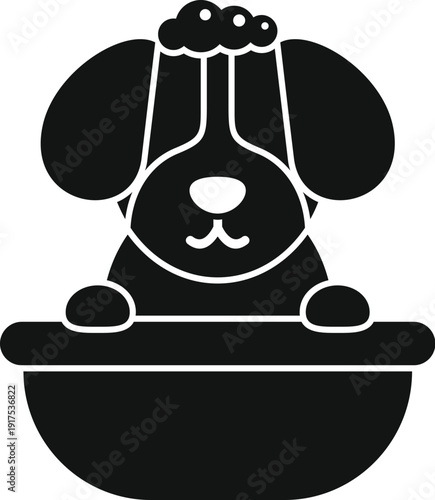 Puppy in a bathtub with bubbles washing and cleaning its fur